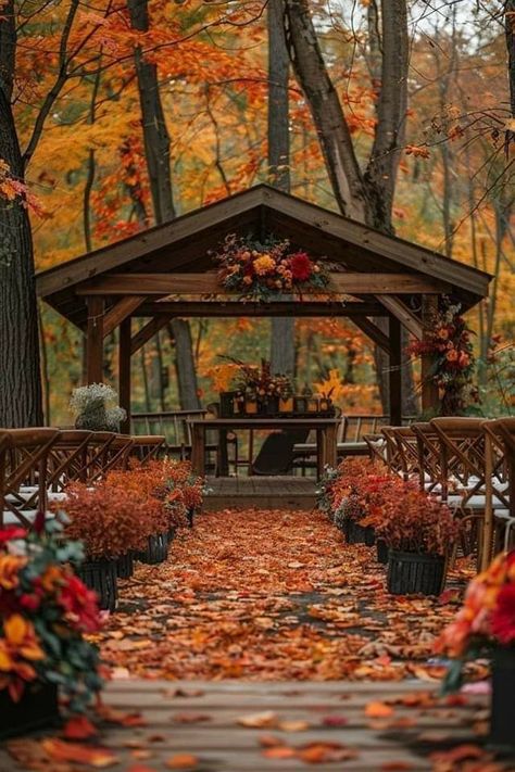 🍂💛🍎🧡🥧🤎🍁 Autumn Wedding Locations, Fall Forest Wedding Ceremony, Outdoor Wedding Ceremony Fall, Bonfire Wedding Ideas, Fall Wedding Gazebo, Bedroom Window View, Autumn Outdoor Wedding, Autumn Wedding Ceremony, Autumn Themed Wedding