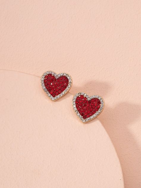 Red Fashionable   Zinc Alloy  Stud Embellished   Jewelry Cheap Red Heart Earrings, Cheap Red Heart Shaped Earrings, Red Heart-shaped Jewelry With Matching Earrings, Luxury Red Heart-shaped Earrings, Elegant Red Heart-shaped Earrings, Heart Diamond Earrings, Valentine Jewelry, Red Heart Earrings, Embellished Fashion