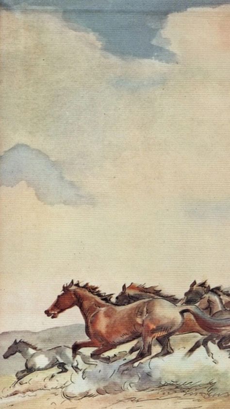 Wesley Dennis Horses, Western Art Wallpaper, Cowgirl Art Wild West, Vintage Horse Art, Horses Illustration, Vintage Western Art, Paul Brown, Western Artwork, Western Wallpaper Iphone