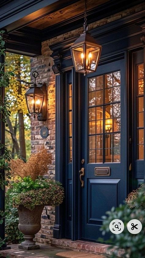 Door Lanterns, Walkway Designs, Home At Night, Front Door Ideas, Front Door Lighting, Add Curb Appeal, Rustic Front Door, Walkway Design, Outdoor Doors