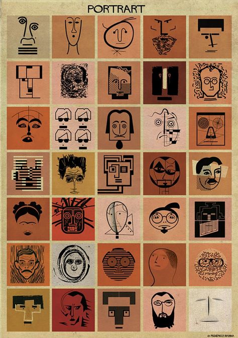 for PORTRART, federico babina studied the faces and works of famous protagonists in the art world, depicting them through symbolic portraits. Federico Babina, History India, Art Figures, Arts Ed, Blonde Brunette, Famous Art, Italian Artist, Style Hair, Elements Of Art