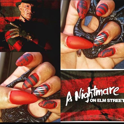 Freddy Kruger Nails Short, Art The Clown Terrifier Nails, Horror Character Nails, Simple Freddy Krueger Makeup, Girl Freddy Krueger Makeup, Freddy Krueger Nail Art, Freddie Kruger Nails, Halloween Nails Freddy Kruger, Jigsaw Nails Halloween