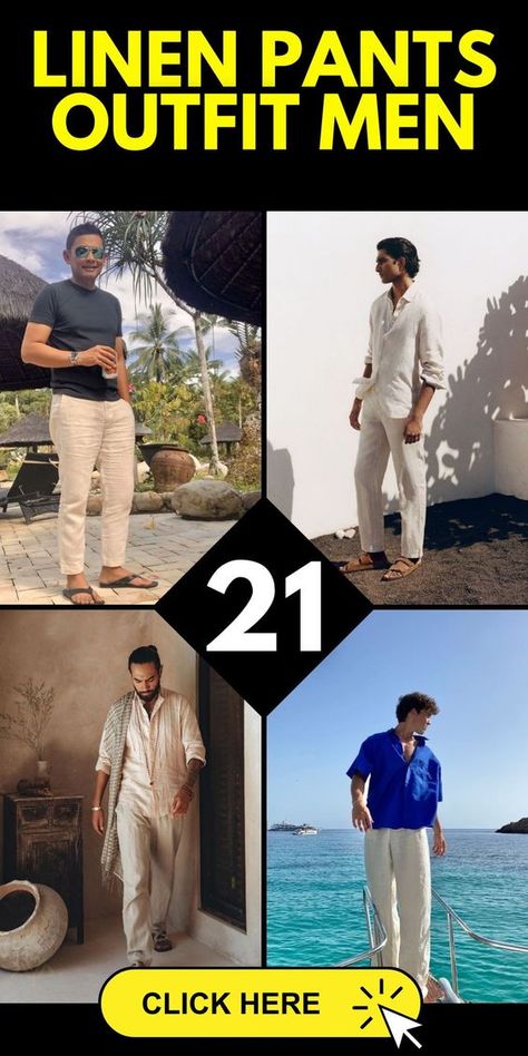 Embrace the warmth of the season with a casual outfit featuring khaki linen pants for men. This versatile piece can be effortlessly paired with a white or grey shirt, embodying a relaxed yet stylish vibe. Opt for wide leg or loose-fitting trousers to enhance comfort and mobility, making it an ideal choice for leisurely days or informal gatherings. Finish the look with beige or navy shoes, crafting a cohesive outfit that exudes a laid-back, sophisticated charm. Outfits With Linen Pants Men, Linen Pants Outfit Men Casual, Mens Linen Pants Outfit, Mens Linen Outfit, Linen Pants Outfit Men, Linen Outfit Men, Navy Linen Trousers, Linen Pants For Men, Men Formal Outfit