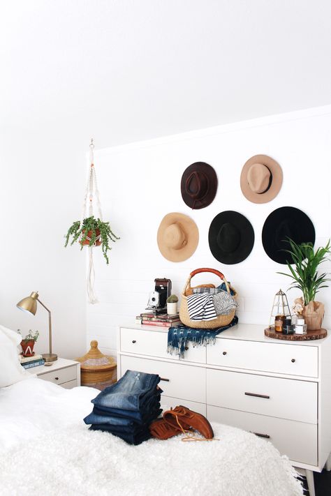 Hats Hung On Wall, Hats On The Wall, Wood Bedroom Decor, Wood Bedroom, Decoration Inspiration, The Design Files, Boho Home, Organization Bedroom, Phoenix Arizona