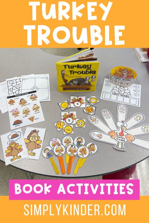 Turkey Classroom Activities, Pre K Turkey Activities, Thanksgiving Book Activities For Kids, Thanksgiving Book And Craft, Turkey Trouble Preschool Activities, Turkey Trouble Craft, Turkey Trouble Book Activities Free, Thanksgiving Library Activities, Thanksgiving Literacy Activities Preschool