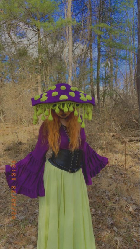 Mushroom Costume Outfit, Mushroom Lady Costume, Goblin Embroidery, Blue Mushroom Costume, Ren Faire Mushroom Hat, Mushroom Festival Outfit, Magic Mushroom Costume, Ren Fair Crochet, Mushroom Costume Women