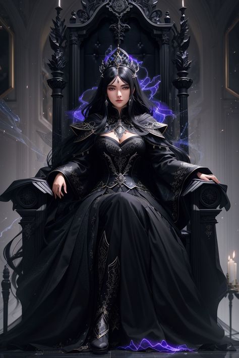 Black Haired Warrior Woman, Black Hair Witch Art, Woman On Throne, Dark Queen Art, Queen Poses Reference, Black Haired Witch, Sorceress Dress, Witch Warrior, Magic Queen