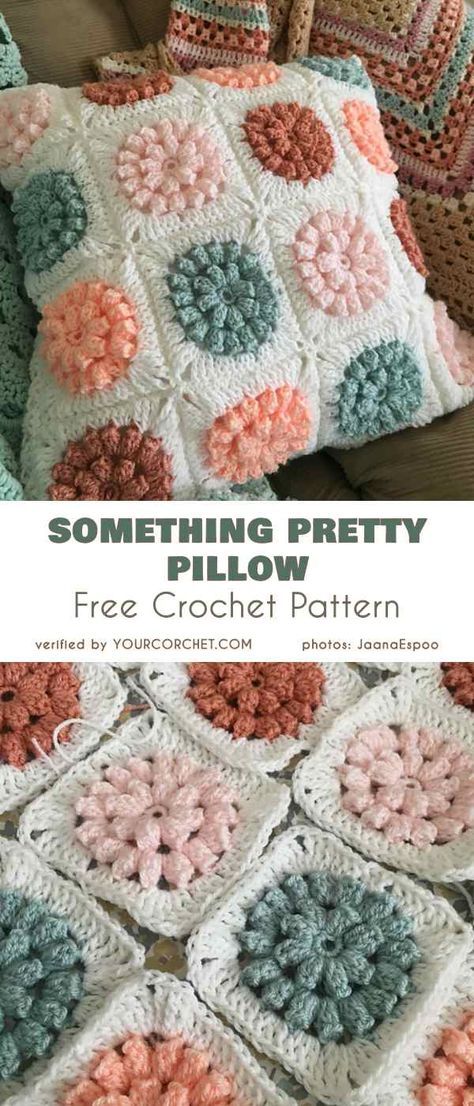 A Pretty Pillow Free Crochet Pattern #crochetpillow #freecrochetpatterns #puffflower Square Crochet Pillow Cover, Crochet Flower Pillow Pattern, Granny Square Crochet Pillow, Crochet Pillowcase, Crochet Cafe, Pillows Crochet, Crochet Cushion Covers, Pillow Cover Crochet Pattern, Bunny Beanie