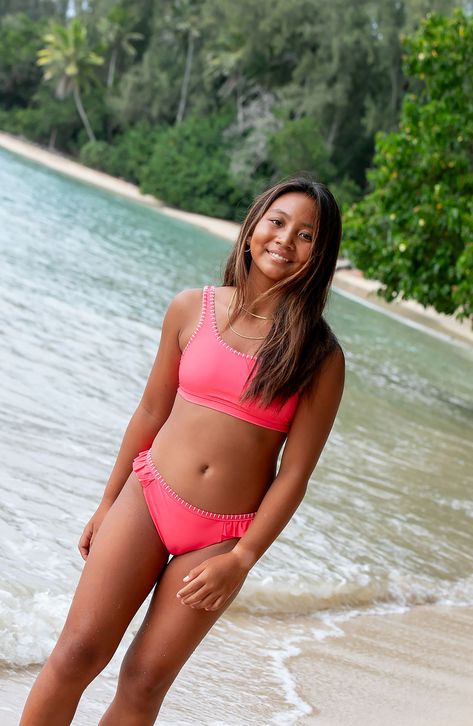 Whipstitch and ruffle trim play up the splash-ready style of this colorful two-piece swimsuit. UPF 50+ sun protection Partially lined 80% polyester, 20% elastane Machine wash, line dry Imported Teen Swimwear, Junior Swimsuits, Cute Swimsuits, Birthday Wishlist, In Hot, Ruffle Trim, Upf 50