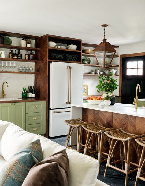 This Rustic Kitchen Will Inspire You To Paint Your Cabinets Green - House & Home Paint Your Cabinets, Brick Veneer Wall, Family Farmhouse, Kitchen Lounge, White Appliances, Interior Design Work, Slate Flooring, White Brick, Cozy Fireplace