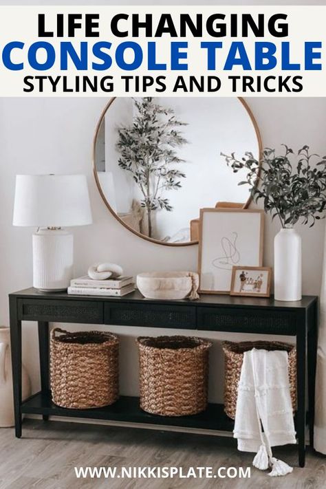 Life Changing Console Table Styling TIPS AND TRICKS Hallway Console Table Mirror, Candles On Console Table, How To Dress A Hallway Table, How To Style Entryway, Console Table Key Bowl, Dressing A Console Table, How To Style Console Table Behind Couch, Black Entry Way Table Decor Ideas, Hall Table Styling