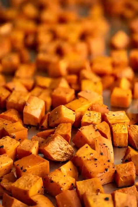 Roasted Sweet Potatoes - Baking Mischief Ranch Carrots, Roasted Sweet Potato Cubes, Southwest Quinoa Salad, Vegetarian Wraps, Oats Snacks, Sweet Potato Recipes Roasted, Oven Roasted Sweet Potatoes, Bird Food Recipes, Sweet Potato Recipes Healthy