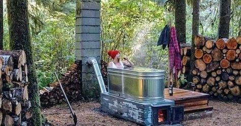 Diy Outdoor Hot Tub Wood Burning, Stock Tank Hot Tub Wood Burning, Wood Fire Hot Tub Diy, Diy Woodfired Hottub, Red Neck Hot Tub, Angel Garden Ideas, Wood Fired Hot Tub Diy, Hillbilly Hot Tub, Diy Pool Heater