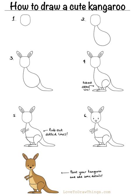 Kangaroo Drawing Easy, Kangaroo Drawing, Trin For Trin Tegning, Cute Kangaroo, How To Draw Cute, Easy Step By Step Drawing, Drawing Lessons For Kids, Draw Cute, Animal Doodles