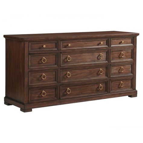 Lexington Sereno Rustic Lodge Brown Walnut Wood Metal Ring Pull Triple Dresser Transitional Dresser, Triple Dresser, Dresser Design, Solid Wood Dresser, Walnut Dresser, Lexington Home, Wood Joinery, Wood Dresser, Rustic Lodge