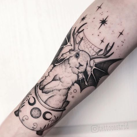 Opposite Aesthetic Tattoos, Large Gothic Tattoo, Gothic Bunny Tattoo, Tattoos For Animals, Magical Creatures Tattoo, Neo Traditional Tattoos Black And Grey, Cryptic Tattoos, Jackalope Tattoo, Trippy Tattoo Ideas