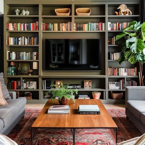 Built Out Shelves Living Room, Built In Bookshelf Tv Wall, Living Room Built In Shelves Decor, Home Office Book Shelves, Bookcase Wall Ideas, Library Wall With Reading Nook, Books And Tv Wall, Full Wall Bookshelf With Tv, Wooden Built In Shelves Living Room