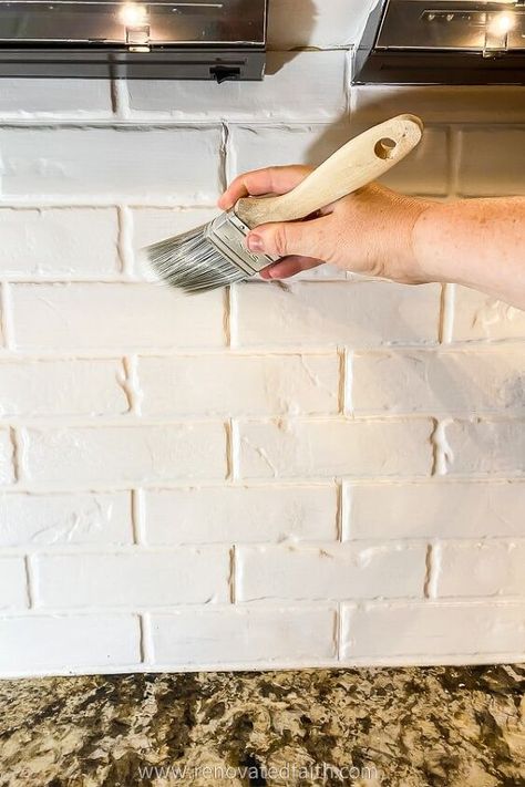 Brick Panels Wall, Painted Faux Brick Backsplash, Faux Brick Panel Backsplash, Faux Brick Backsplash Kitchen Diy, Diy Brick Backsplash Kitchen, Painted Brick Backsplash Kitchen, Faux Brick Wall Kitchen, White Brick Backsplash Kitchen, Faux Brick Kitchen Backsplash