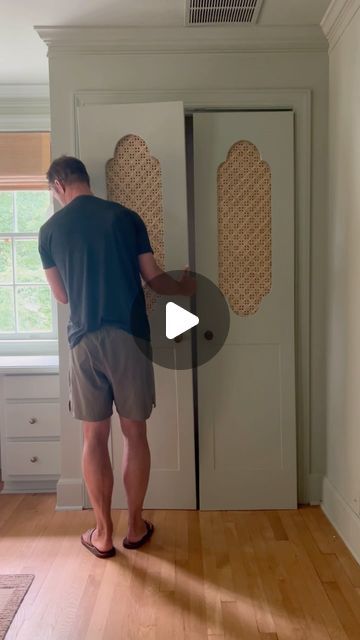 Jourdan Fairchild on Instagram: "PART 2 of our closet door makeover is here!! 🥳

After replacing the slatted panels with solid wood, we decided to add caning for texture and dimension. I found this beautiful cane webbing that features four small holes in a diagonal pattern and we sandwiched it between two pieces of MDF. Soaking it in water gave the cane a bit of stretch, and staples keep it from shifting.

Bondo and joint compound — plus so much sanding in 90 degree heat 🥵 — created an even surface and then painted pulled it all together, like it does.

Finishing details coming soon…👀" Jourdan Fairchild, Closet Door Makeover, Cane Webbing, Closet Door, Door Makeover, Closet Doors, Single Doors, 90 Degree, Boys Room