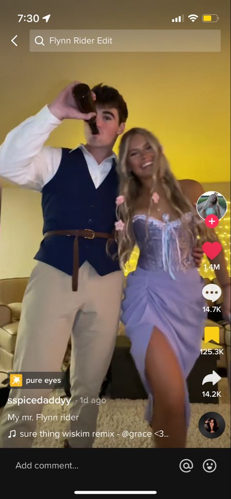 Rapunzel And Flynn Costume College, Rapenzul And Flynn Costume, Flynn Rider Diy Costume, Highschool Couple Halloween Costumes, Tangled And Flynn Rider Costume, Repunzal And Flynn Couple Costume, Couple Halloween Costumes Blonde, Couple Halloween Costumes Blonde Girl, Unique Couple Halloween Costumes College