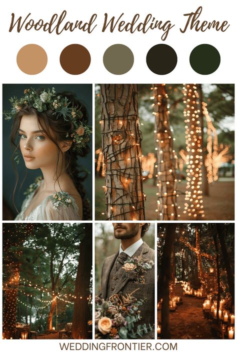 Dreaming of a wedding that's not just an event but an enchanting forest tale? A woodland wedding theme might just be the magical setting you're looking for. May Forest Wedding, Forest Theme Wedding Colors, Inside Forest Wedding, Forest Color Palette Wedding, Witchy Woods Wedding, Boho Enchanted Forest Wedding, Whimsical Wedding Palette, Forest Wedding Mood Board, Rustic Alternative Wedding