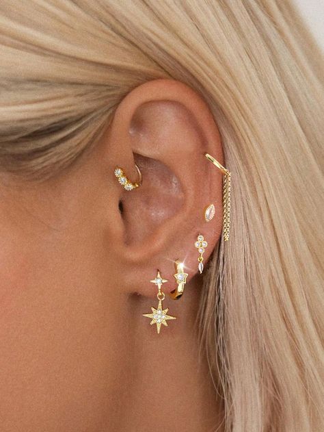 Or jaune  Collar  Cuivre   Embellished Womens Earrings Fashion, Women’s Piercings Ear, Gold Jewelry Earings, Earing Placement Idea, 6 Ear Piercings, Ear Inspo Jewelry, Stacked Earrings Aesthetic, Pretty Ear Piercings Classy, Ear Piercing Set Up