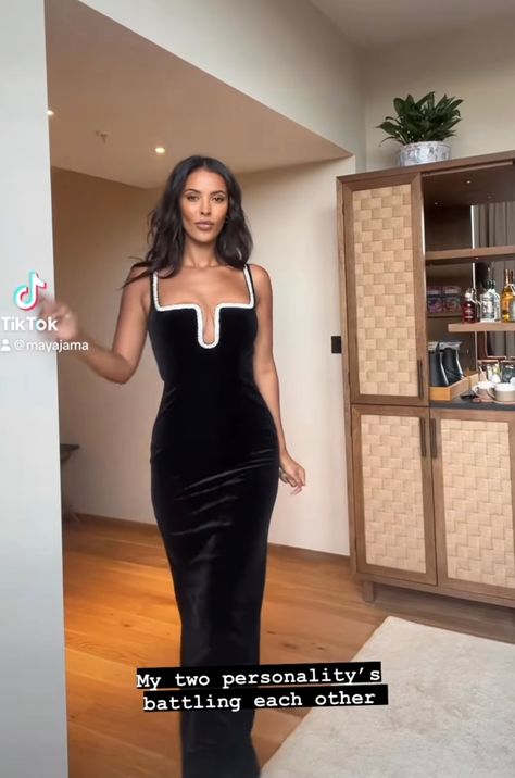 MAYA Jama dazzled in a velvet party dress which she modelled at home for fans. The Love Island host strutted towards the camera and twirled as the material clung to her curves. The dress featured a low-cut scoop neck and was trimmed with diamantés, with Maya styling her hair in loose waves. She wrote over the top […] Maya Jama Love Island Outfits, Maya Jama Dress, Maya Jama Outfits, Maya Jama Style, Maya Jama, Love Island Outfits, Velvet Party Dress, Country Style Outfits, Love Island