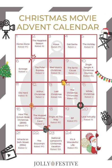 December Movie Calendar, Christmas Film Advent Calendar, Christmas Movies Advent Calendar, Christmas Movies Calendar, Christmas Movie Advent Calendar, Christmas Movie Calendar, Movies Night Ideas, Christmas Movie Challenge, Christmas Movies Night