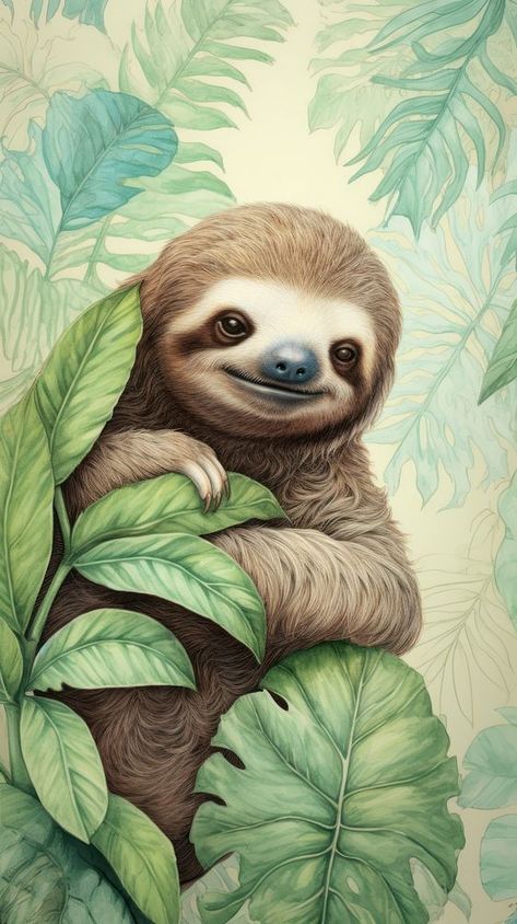 Animal Cute Wallpaper, Sloth Tattoos, Sloth Wallpaper, Aesthetic Mobile Wallpaper, Cartoon Jungle, Sloth Drawing, Wildlife Drawing, Sloth Tattoo, Monkey Cartoon