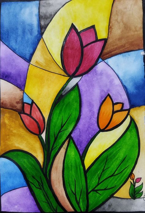 Basic Abstract Painting, Stained Glass Art Butterfly, Glass Painting Patterns Templates, Basic Drawing Ideas, Cubist Drawing, Colorful Art Projects, Dibujos Ideas, Ideas Cuadros, Glass Painting Patterns