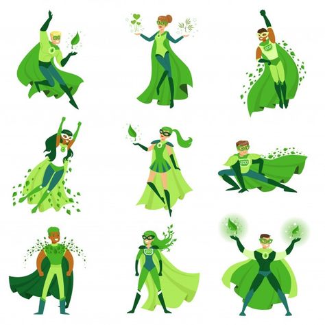 Super Hero Illustration, Green Superhero, Green Warriors, Eco Warrior, Different Poses, Superhero Characters, Winter Crafts For Kids, Green Grapes, Nature Collection