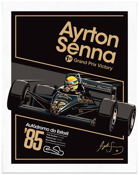 AS - GP Estoril - 1985 - Por Sean Kane. Aryton Senna, Motorsport Art, F1 Art, F1 Wallpaper Hd, F1 Poster, Lotus Print, Racing Art, Racing Posters, Vw Porsche