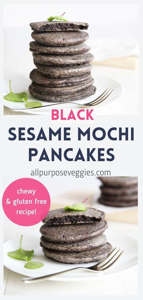 Fluffy black sesame mochi pancakes that are gluten free and easy to make? Yes please. These black sesame mochi pancakes are japanese inspired. They're light, but still chewy from the glutinous rice flour. The nuttiness from the black sesame seeds with the addition of almond milk make these flavorful, all the while being hearty and fun to eat. Pile them high and top with some whipped cream! * recipe makes enough pancakes for one or 2 * #healthypancakes #mochi #glutenfreepancakes Mochi Pancakes Recipe Gluten Free, Mochi Pancakes Recipe, Sweet Potato Pancakes Healthy, Glutinous Rice Flour Recipes, Mochi Pancakes, Black Sesame Mochi, Sesame Mochi, Sweet Potato Pancakes Recipe, Potato Pancakes Recipe