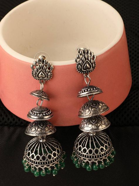 Oxidised Layer Jhumka Earring Oxidised Earrings, Antique Jewellery Online, Grey And Green, Indian Earrings, Jhumka Earrings, On Phone, German Silver, Design Silver, Perfume Spray