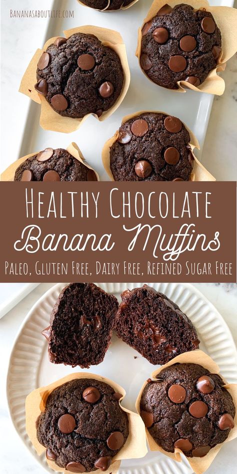 Chocolate muffins Vegan Gf Banana Muffins, Paleo Chocolate Banana Muffins, Gluten Free Dairy Free Egg Free Muffins, Flourless Breakfast Muffins, Dairy And Grain Free Recipes, Grain Free Banana Muffins, Gluten Free Dairy Free Sugar Free Meals, Healthy Dessert Recipes Banana, Gaps Diet Breakfast