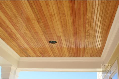 Porch ceiling with a pine 3.5" beadboard application, finished in a clear polyurethane Stained Beadboard Ceiling, Beadboard Porch Ceiling, Stained Beadboard, Vinyl Beadboard, High Ceiling Lighting, Porch Ceiling, Beadboard Ceiling, Bead Board, Ceiling Treatments