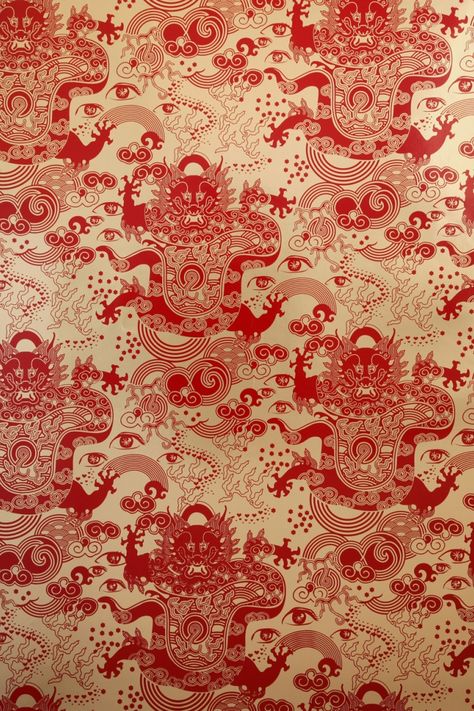 Celestial Dragon by Karen Hsu of Omnivore for Flavor Paper Celestial Dragon, Hand Printed Wallpaper, Dragon Wallpaper, Chinese Pattern, How To Install Wallpaper, Metallic Wallpaper, Dragon Print, Dragon Pattern, Wallpaper Modern