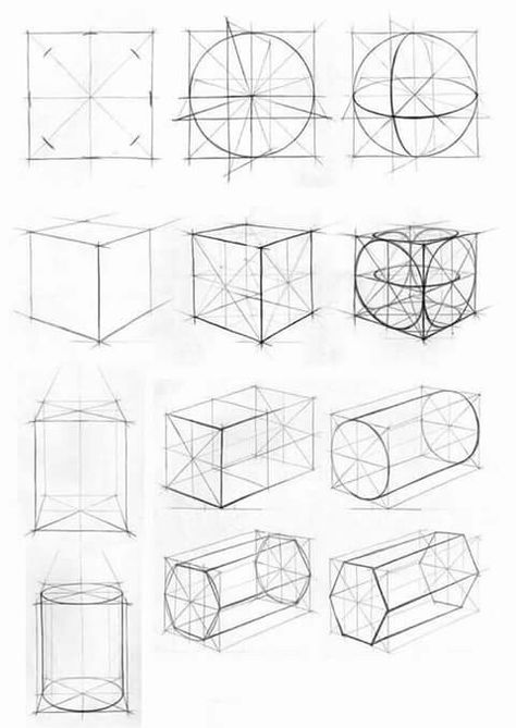 Perspective Art Exercises, Shape Drawing Exercises, Volume Art Drawings, Architecture Exercises, Shapes Perspective, Drawing Geometric Shapes, Pencil Drawing Techniques, Colour Pencil Drawing, Geometric Shapes Drawing