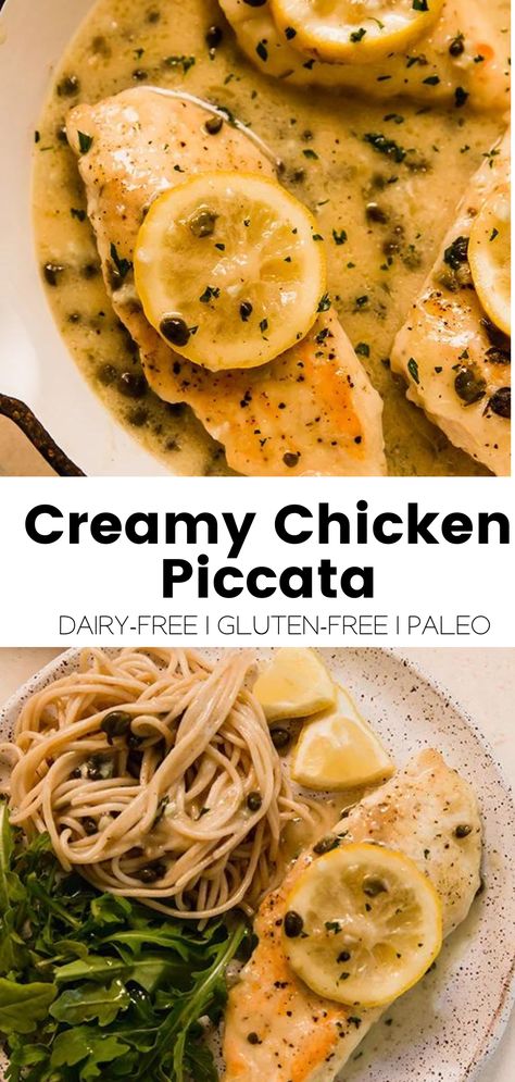 Creamy Chicken Piccata (Dairy Free) - Unbound Wellness Paleo Chicken Piccata, Creamy Chicken Piccata, Chicken Piccata Easy, College Lunch, Grain Free Pasta, Gluten Free Dairy Free Dinner, Creamy Lemon Sauce, Piccata Sauce, Skin Recipes