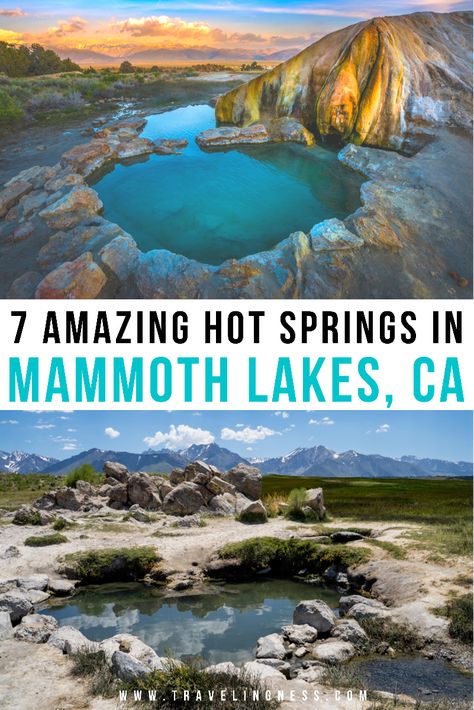 Two different and stunning hot spring pools that are steamy warm to dip into near Mammoth Lakes, California. Mammoth Hot Springs California, Hwy 395 Road Trip, Mammoth Lakes California Summer, Hot Springs California, California Hot Springs, Mammoth California, Natural Hot Spring, Mammoth Hot Springs, Mammoth Lakes California