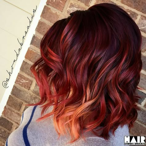 Unnatural Fall Hair Color, Burnett And Red Hair Color Ideas, Brunette And Orange Balayage, Bold Ombre Hair, Red Summer Hair Color, Red To Orange Hair, Summer Red Hair Color, Colormelt Hair, 2016 Hair