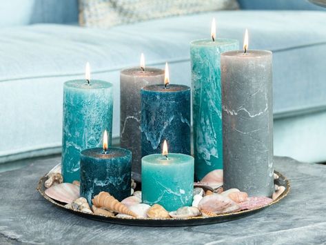 Turquoise Aesthetic, Deco Marine, Candle Arrangements, Surf Decor, Beach Room, Beach Bathrooms, Diy Candles, Beach House Decor, Coastal Decor