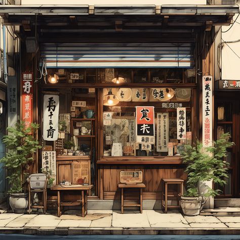 Japanese Store Fronts, Culture Illustration, Ramen House, Japanese Restaurant Design, Bookstore Design, Cafe Exterior, Ramen Bar, Japanese Grocery, Japanese Shop