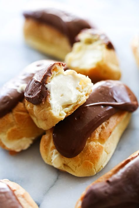 Homemade Eclairs, Eclairs Flavors, Easy Eclairs Recipe Simple, Eclairs With Custard Filling, Authentic Eclair Recipe, Gourmet Eclairs, Eclair Recipe, Pastry Shells, Dessert Ingredients