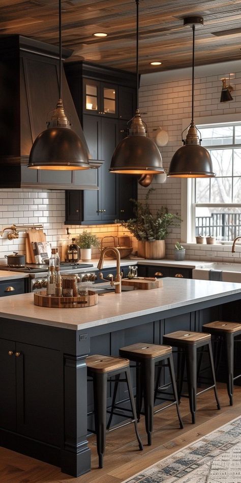 Top 28 Breathtaking Rustic Black Kitchen Designs Rustic Black Kitchen, Black Kitchen Design Ideas, Masculine Kitchen, Modern Industrial Kitchen, Black Kitchen Design, Industrial Kitchen Design, Black Kitchen Island, Rustic Modern Kitchen, Brown Kitchens