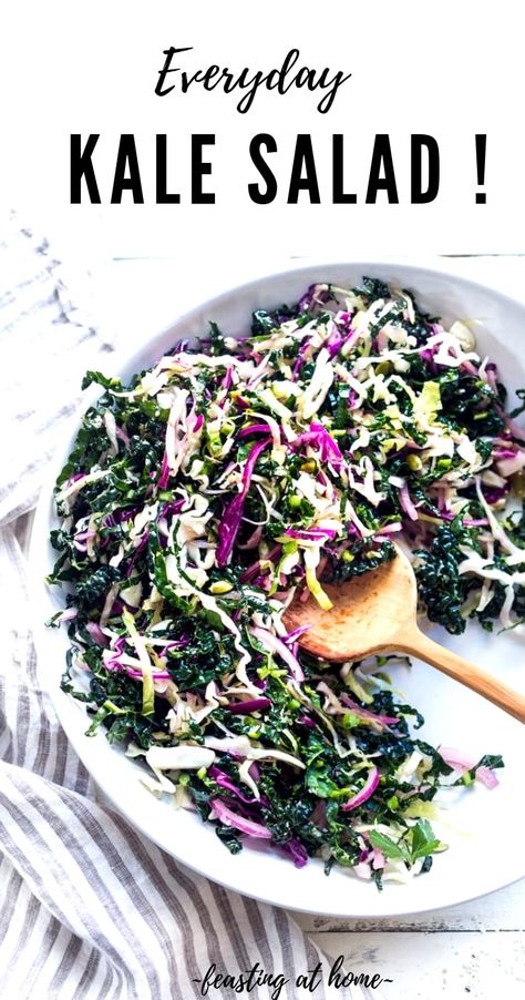 Everyday Kale Salad with simple Lemon Dressing can be made ahead, then used DAILY to top off tacos, wraps, buddha bowls, burgers, and even pizza during the week! Vegan and Gluten Free, this amazing kale slaw keeps for up to five days in the fridge. Meal Prep Savior! #kale #kalesalad #kaleslaw #mealprep #everydaysalad #kale #simplesalad | www.feastingathome.com Fridge Meal Prep, Kale Slaw, Buddha Bowls, Kale Recipes, Lemon Vinaigrette, Vegan And Gluten Free, Yummy Salad Recipes, Vegan Salad, Kale Salad