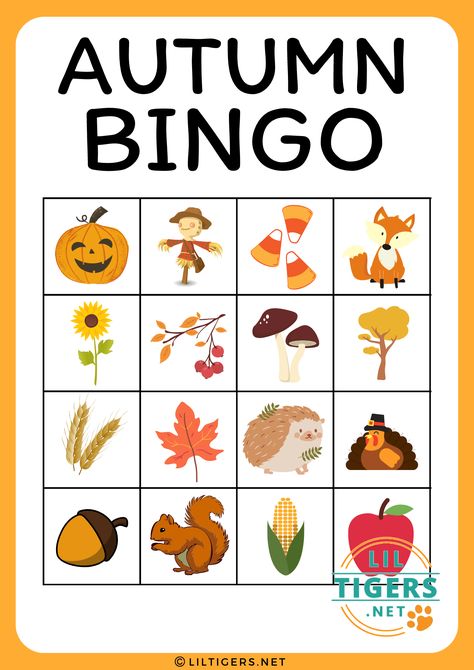 Free Printable Fall Bingo For Kids - Lil Tigers Fall Games Preschool, Fall Kindergarten Activities Free Printable, Fall Games For Preschoolers, Autumn Games For Kids, Autumn Games Preschool, Picture Bingo Cards Free Printable, Fall Bingo Free Printable, Fall Charades Free Printable, November Activities For Preschool