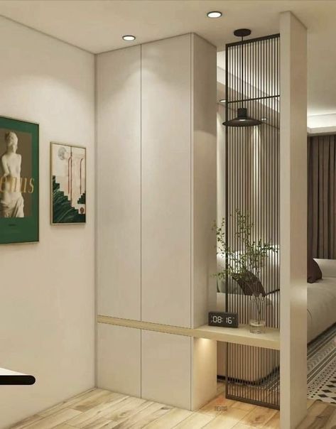 Entrance Partition Design, Hall Partition Living Rooms, Modern Room Partitions, Entrance Partition, Modern Partition, Home Hall Design, Foyer Design, Living Room Partition Design, Room Partition Designs