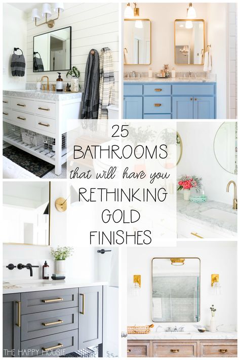 25 Bathroom that will have you rethinking gold finishes poster. Gray Bathroom Cabinets Gold Hardware, Bathroom With Gold Accents Modern, Grey Bathroom With Gold Accents, Bathrooms With Brushed Gold Fixtures, Bathroom With Brass Hardware, Bathroom Design With Gold Fixtures, Gold And Blue Bathroom Ideas, Bathroom Ideas With Gold Accents, Powder Room With Gold Fixtures