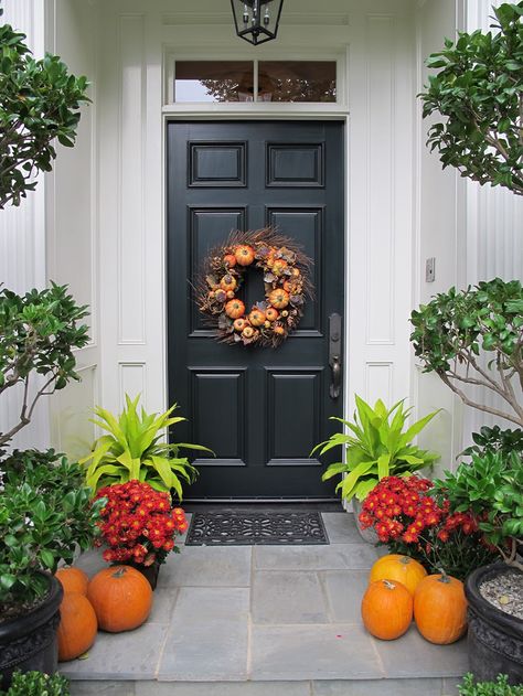 Pumpkins & Mums for Halloween Shelving Decor Ideas, Shelving Decor, Fall Front Door Decor, Cheap Flowers, Fall Front Porch Decor, Fall Front Door, House Front Door, Wood Shed, Fall Front Porch